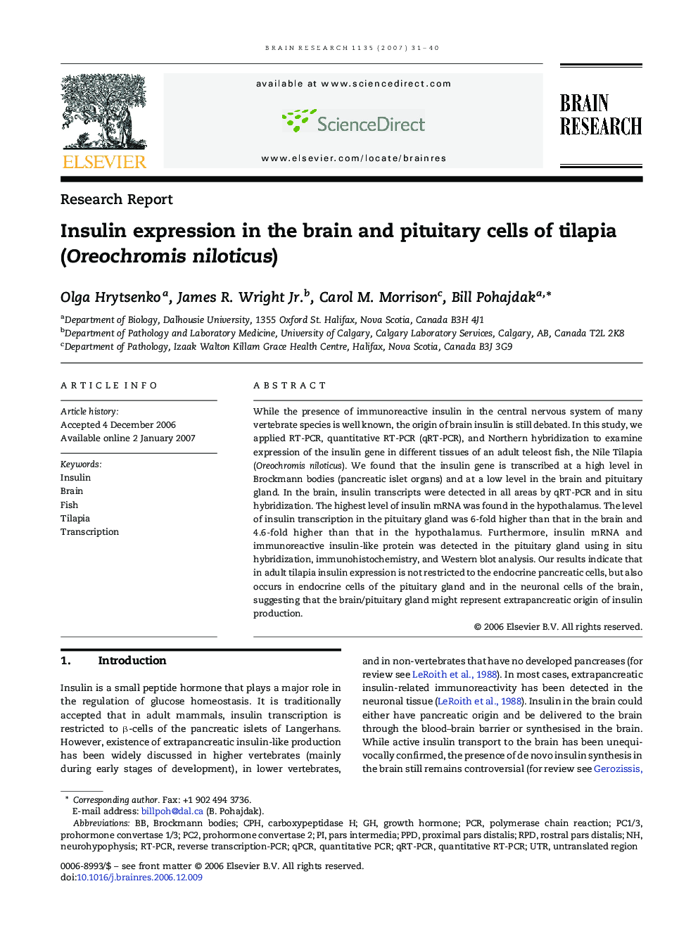 Research ReportInsulin expression in the brain and pituitary cells of tilapia (Oreochromis niloticus)