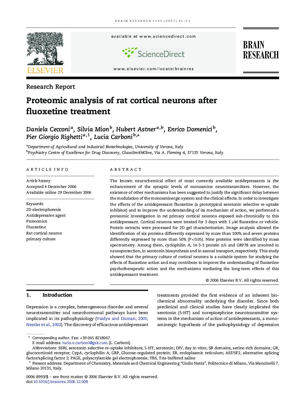 Research ReportProteomic analysis of rat cortical neurons after fluoxetine treatment