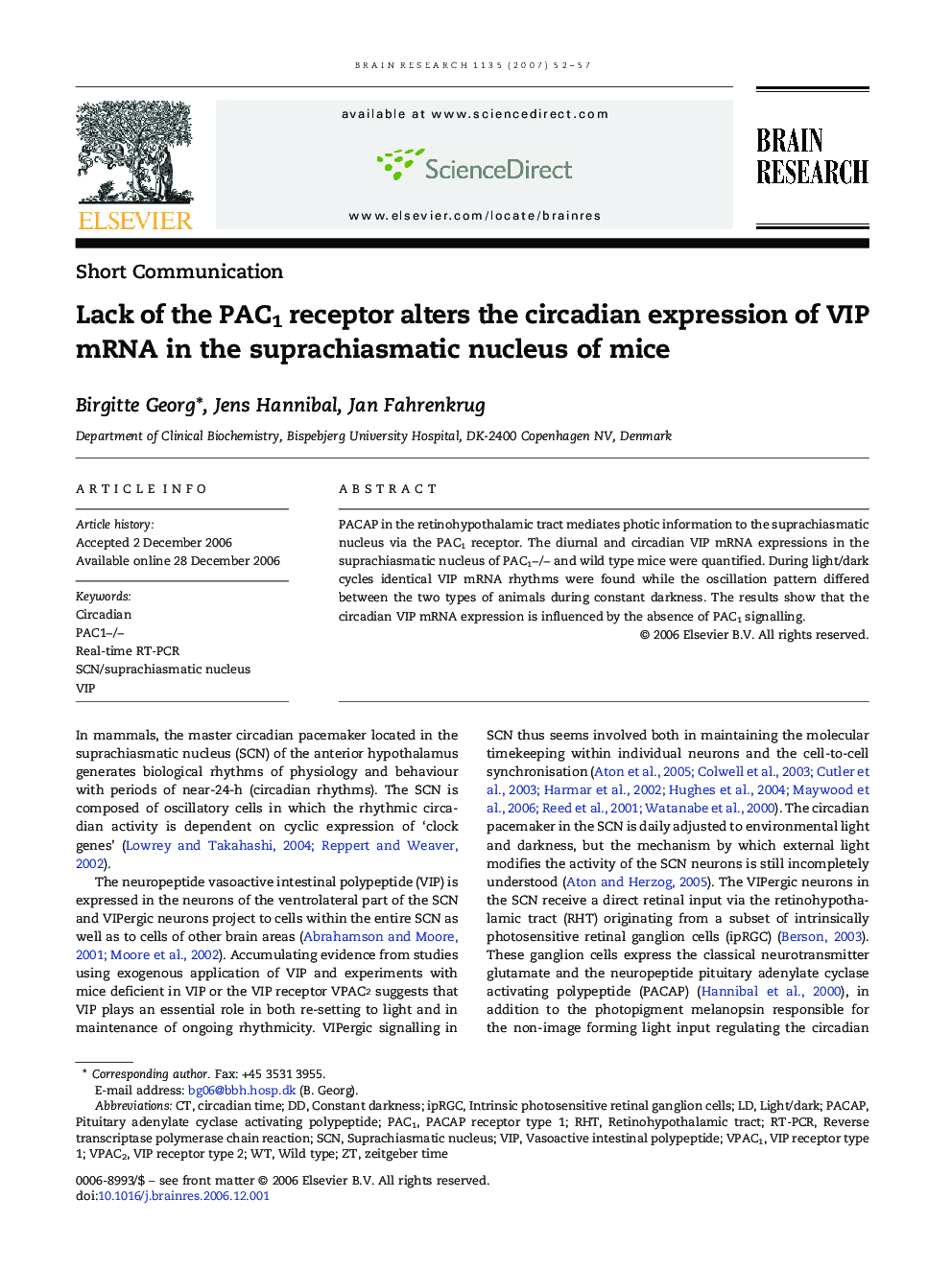 Lack of the PAC1 receptor alters the circadian expression of VIP mRNA in the suprachiasmatic nucleus of mice