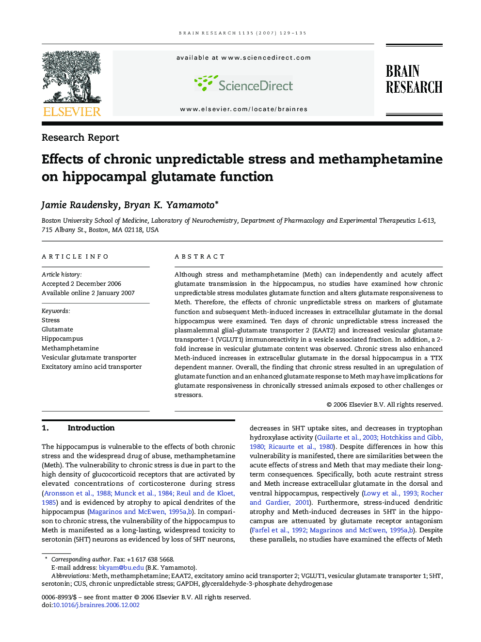 Research ReportEffects of chronic unpredictable stress and methamphetamine on hippocampal glutamate function