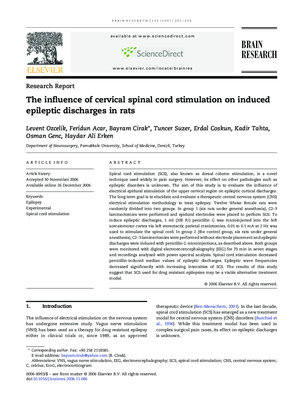 Research ReportThe influence of cervical spinal cord stimulation on induced epileptic discharges in rats