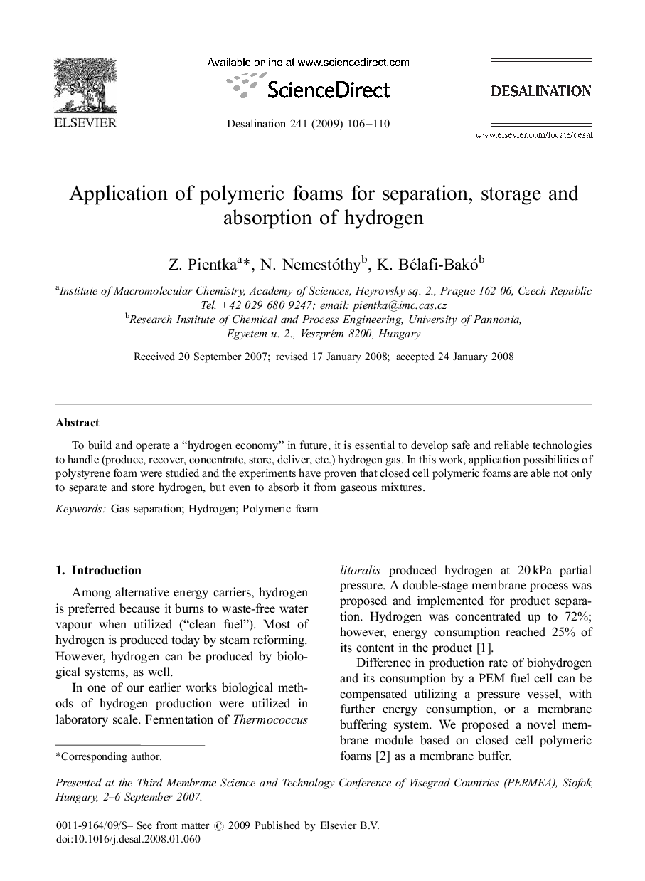 Application of polymeric foams for separation, storage and absorption of hydrogen