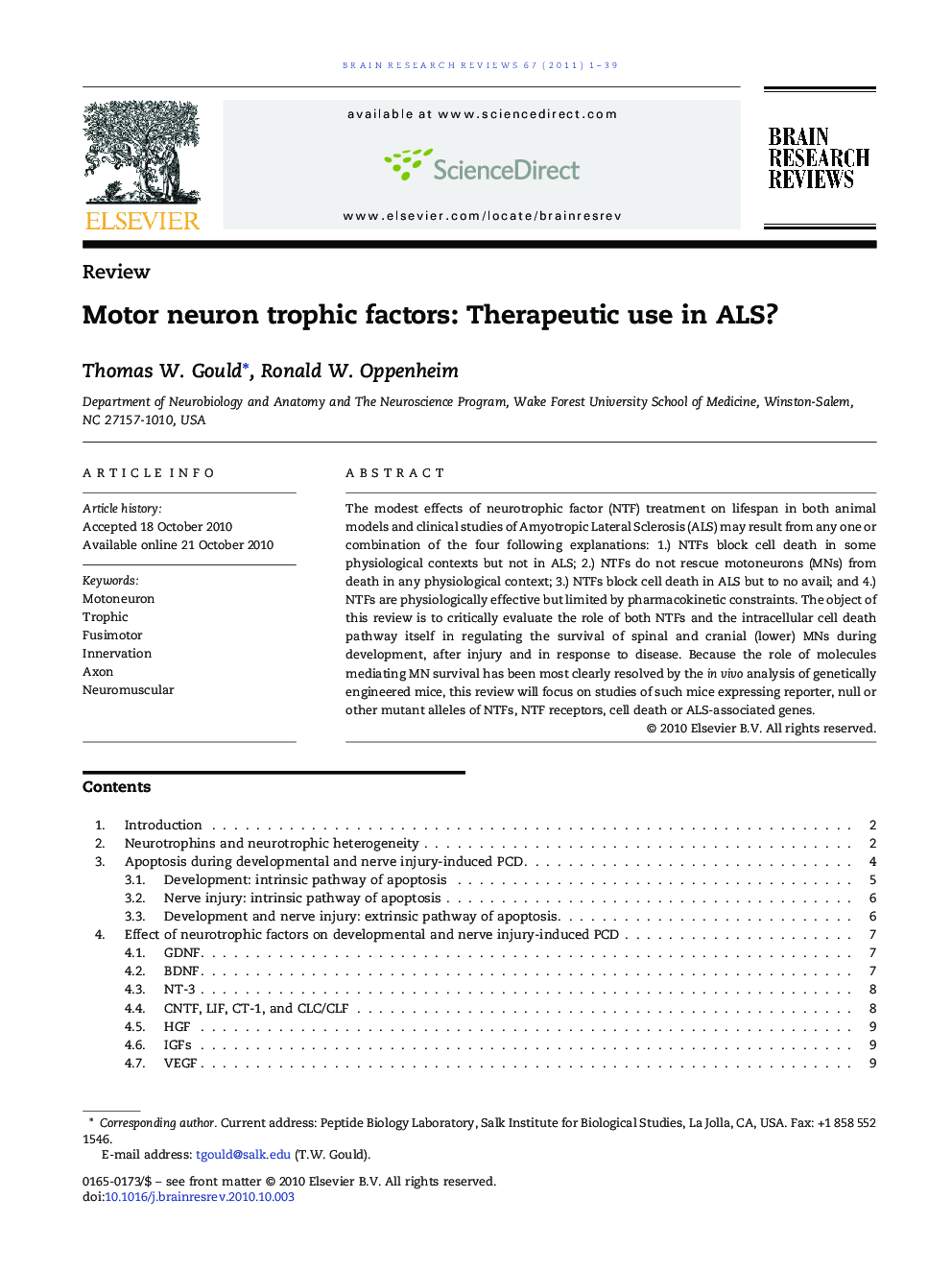 ReviewMotor neuron trophic factors: Therapeutic use in ALS?