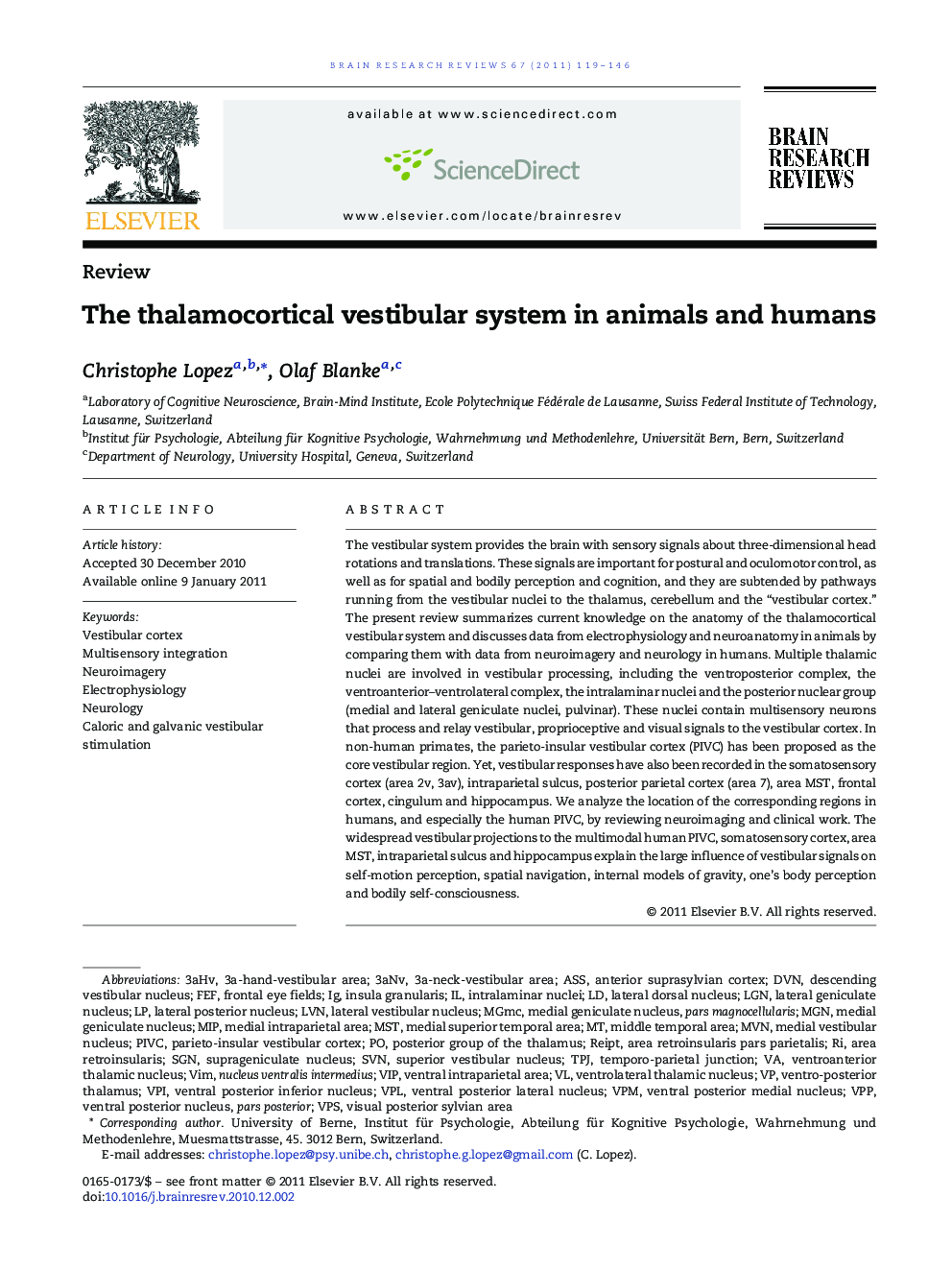 ReviewThe thalamocortical vestibular system in animals and humans