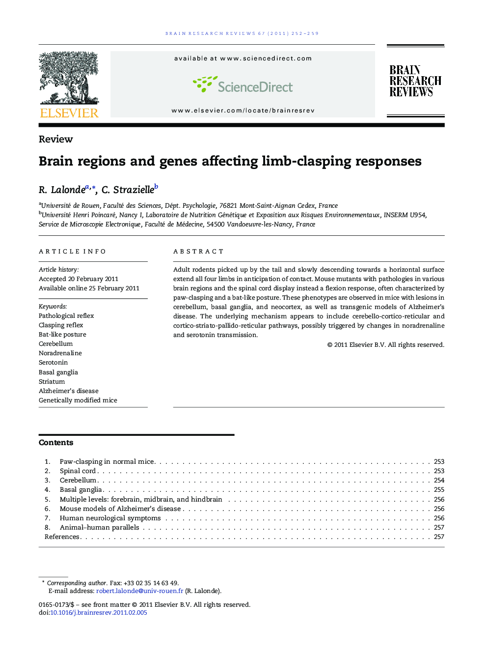 ReviewBrain regions and genes affecting limb-clasping responses
