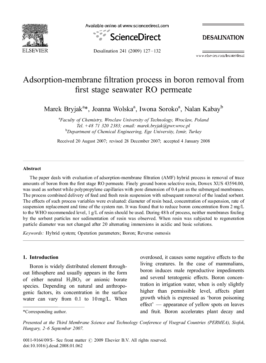 عکس صفحه اول مقاله: Adsorption-membrane filtration process in boron removal from first stage seawater RO permeate Adsorption-membrane filtration process in boron removal from first stage seawater RO permeate