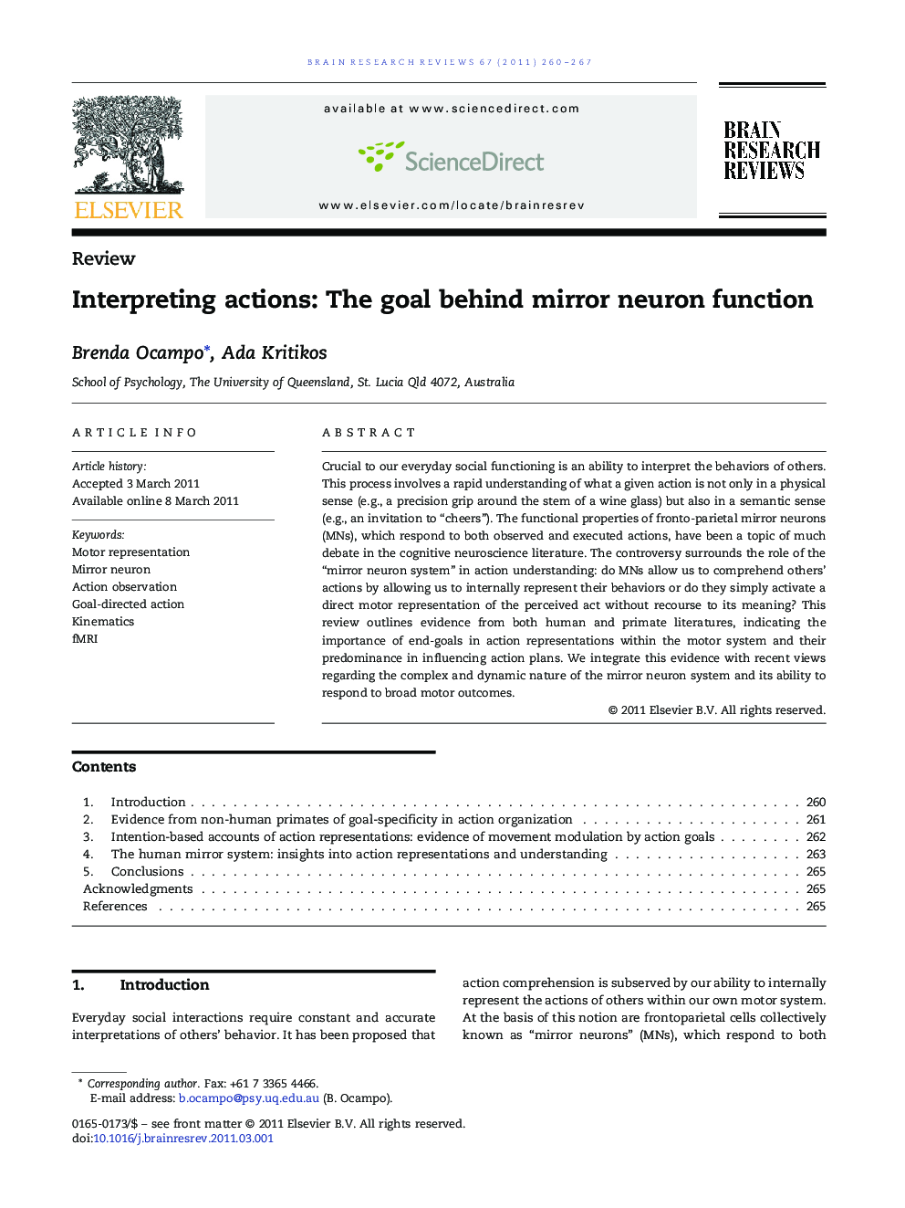 ReviewInterpreting actions: The goal behind mirror neuron function