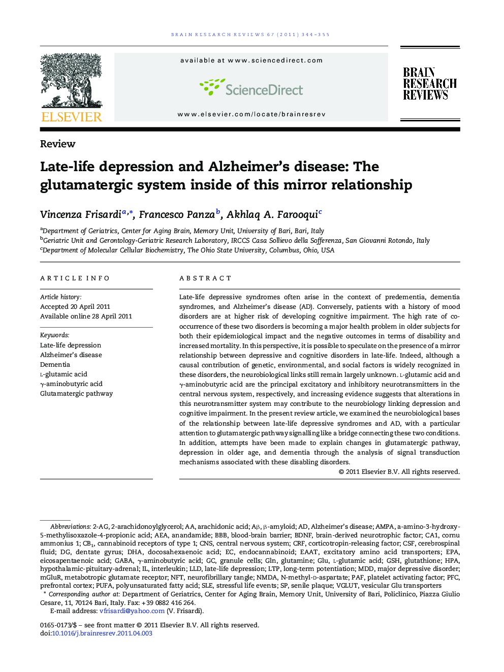 ReviewLate-life depression and Alzheimer's disease: The glutamatergic system inside of this mirror relationship