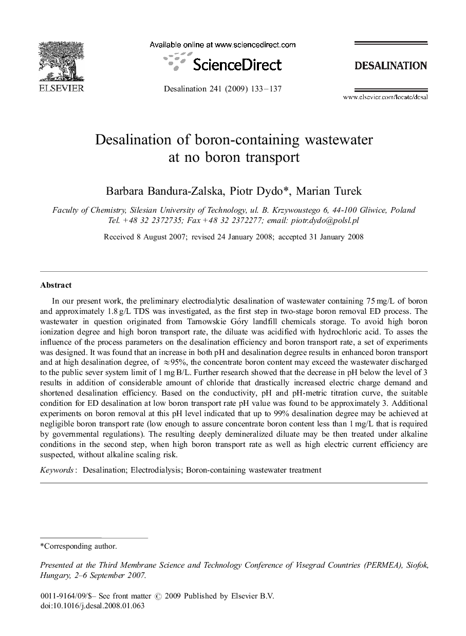 Desalination of boron-containing wastewater at no boron transport