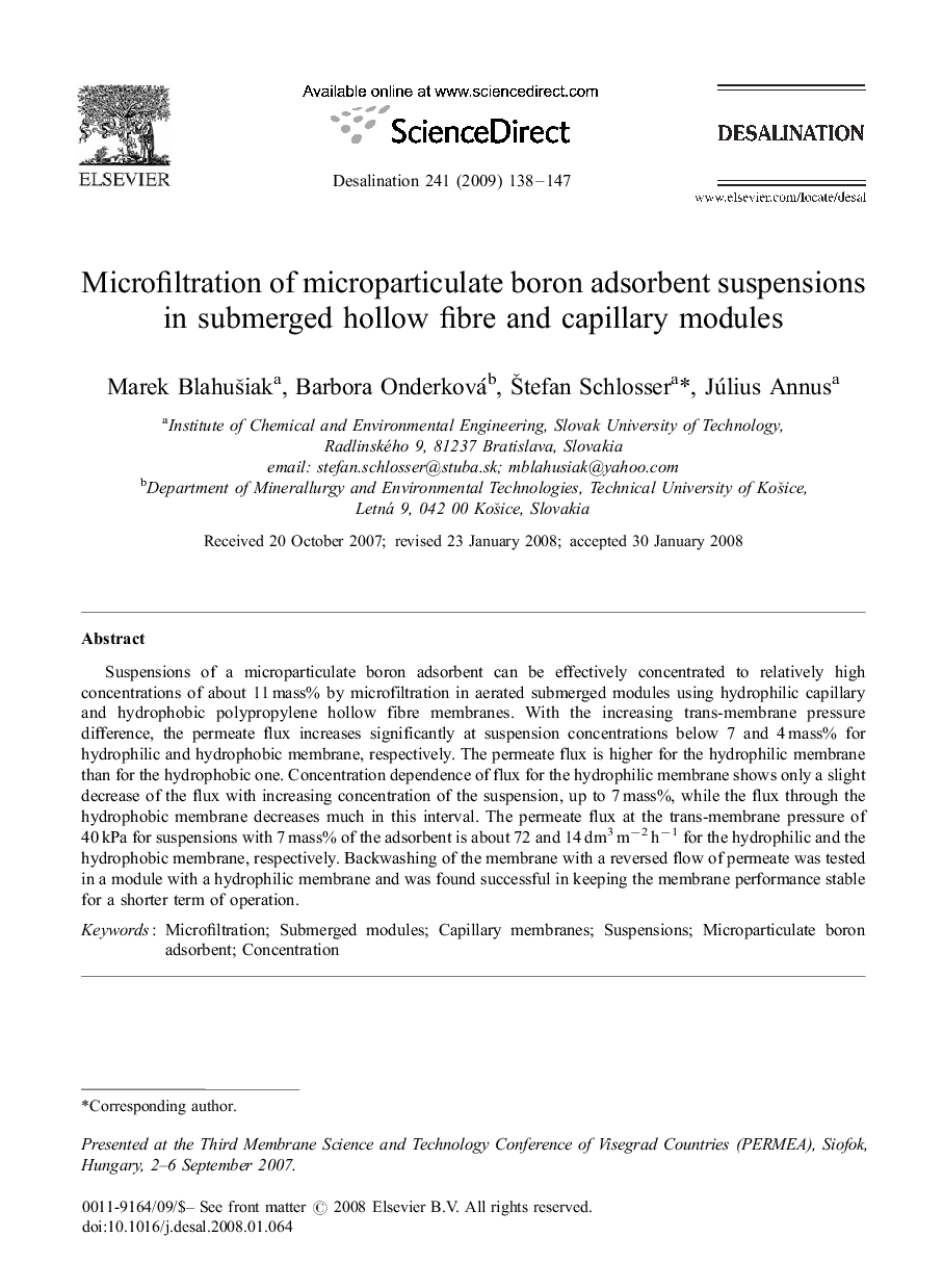 Microfiltration of microparticulate boron adsorbent suspensions in submerged hollow fibre and capillary modules