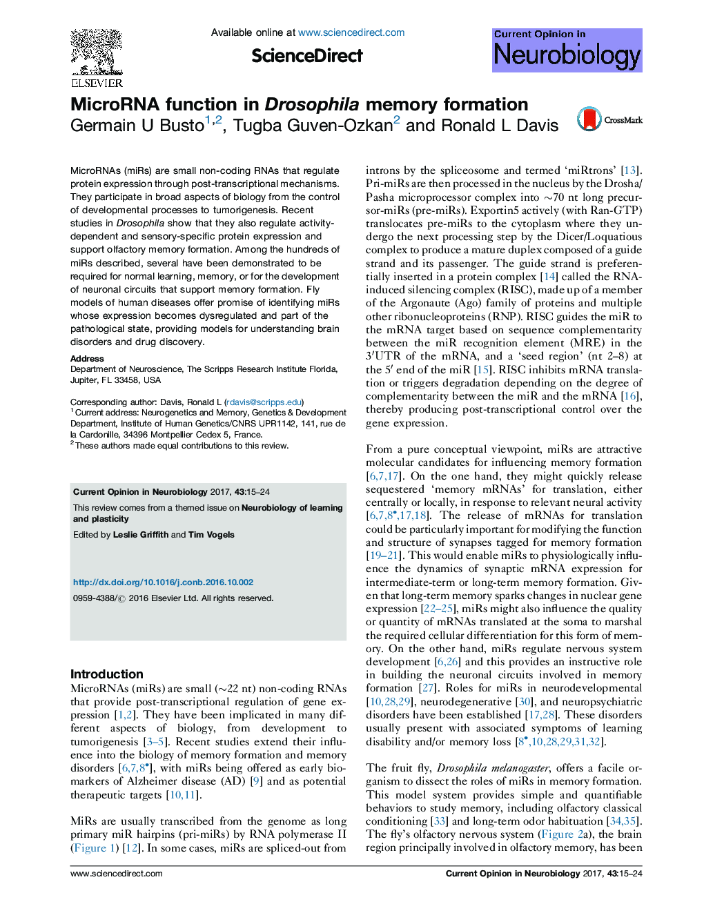 MicroRNA function in Drosophila memory formation