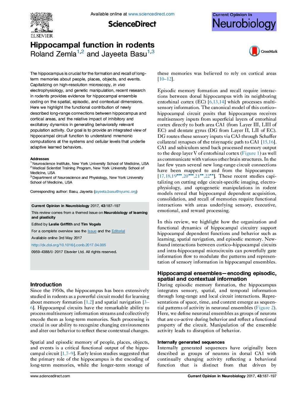 Hippocampal function in rodents