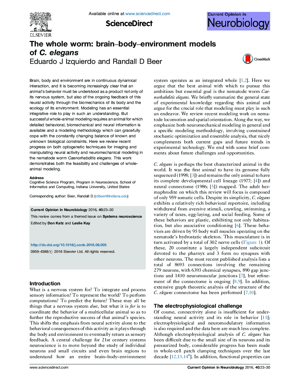 عکس صفحه اول مقاله: The whole worm: brain-body-environment models of C. elegans The whole worm: brain-body-environment models of C. elegans