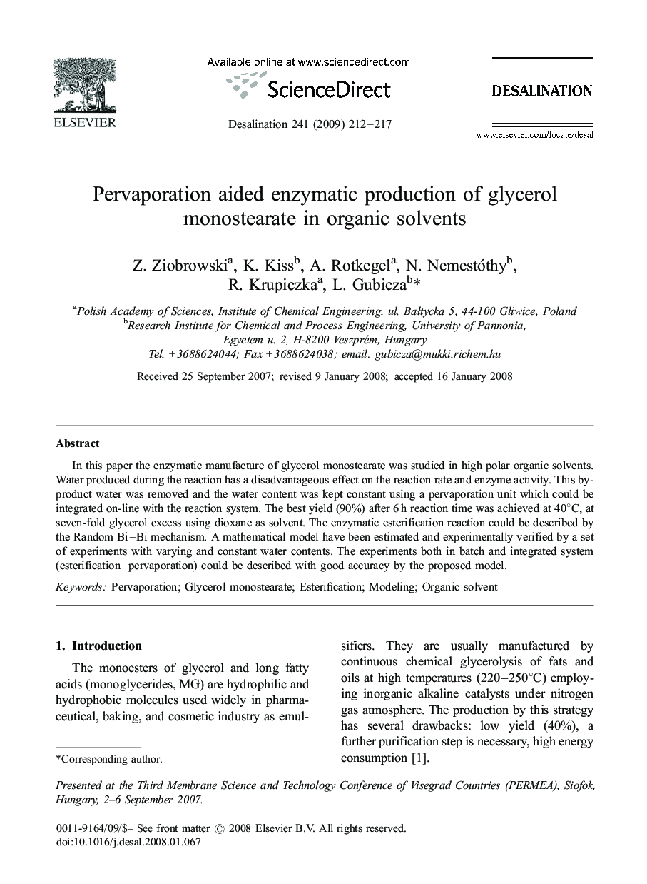 Pervaporation aided enzymatic production of glycerol monostearate in organic solvents