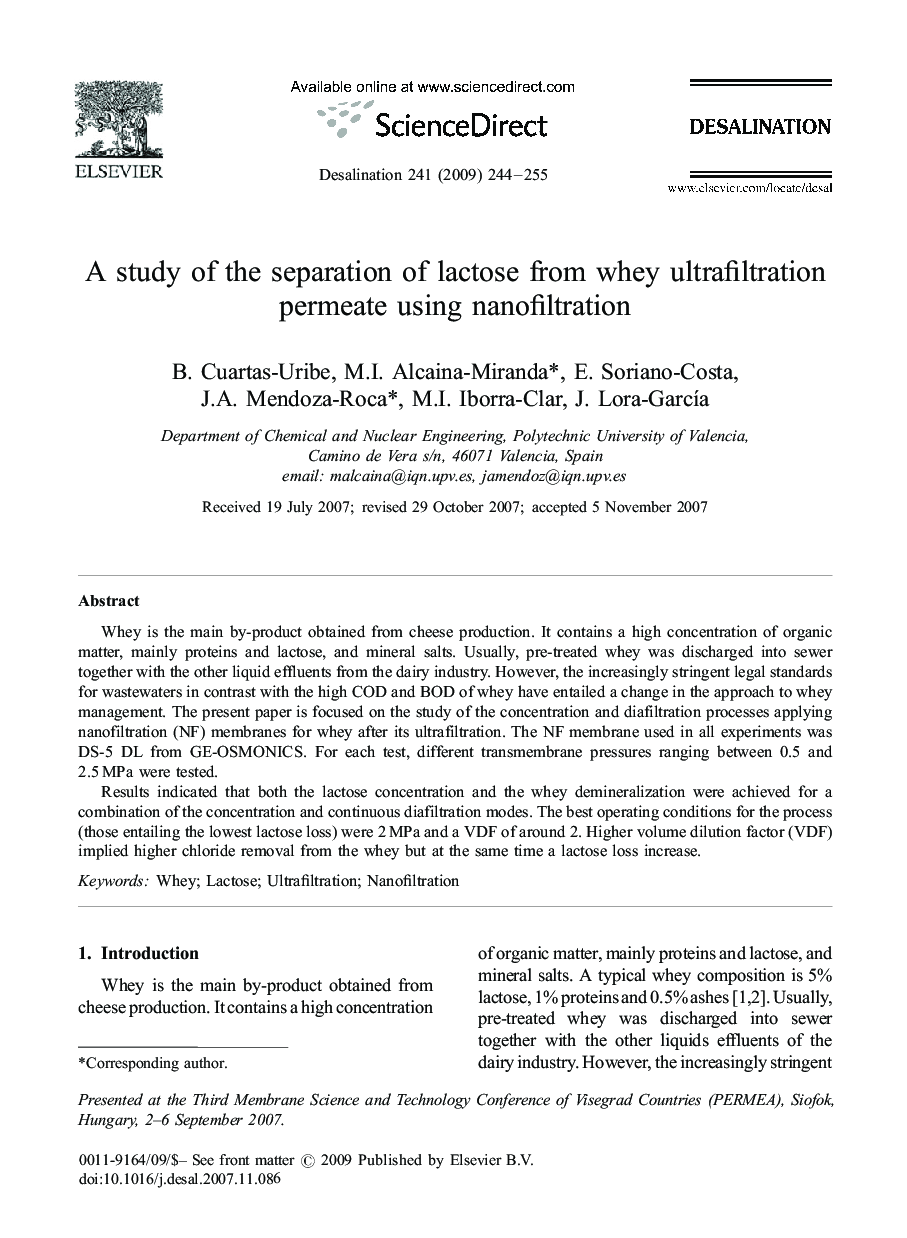 A study of the separation of lactose from whey ultrafiltration permeate using nanofiltration