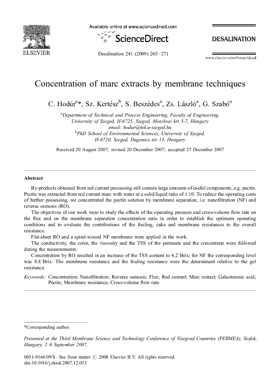 عکس صفحه اول مقاله: Concentration of marc extracts by membrane techniques Concentration of marc extracts by membrane techniques