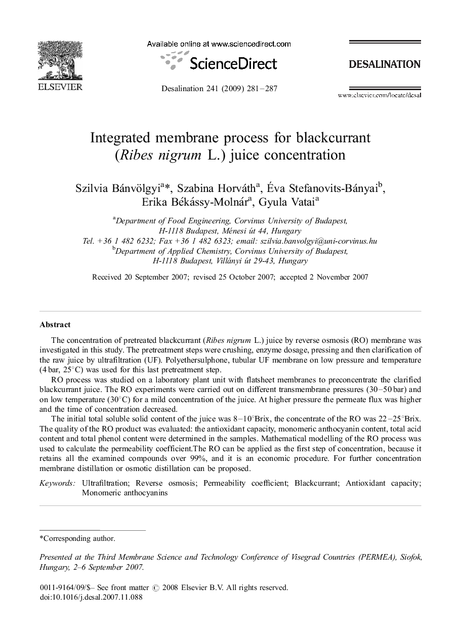 Integrated membrane process for blackcurrant (Ribes nigrum L.) juice concentration