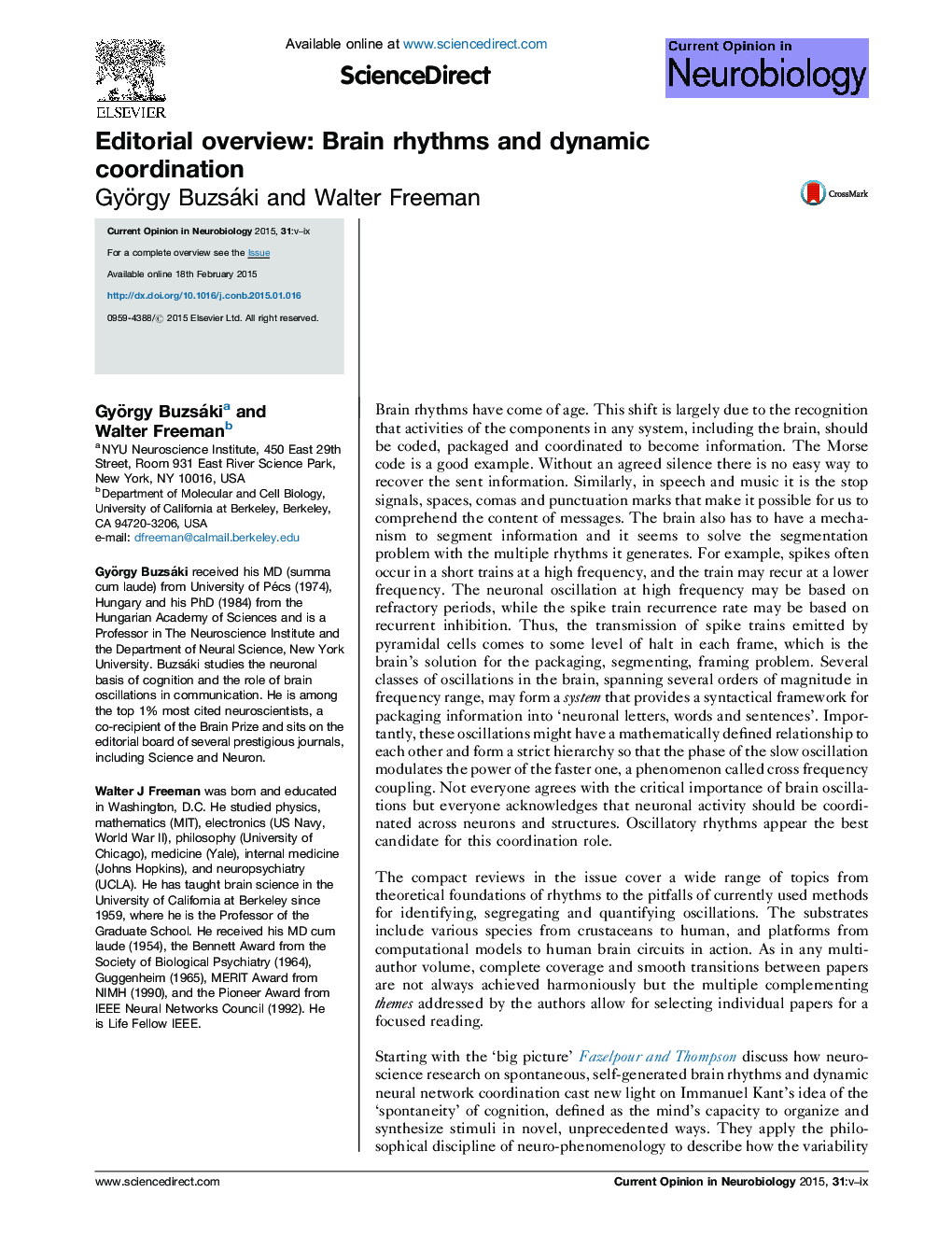 Editorial overview: Brain rhythms and dynamic coordination