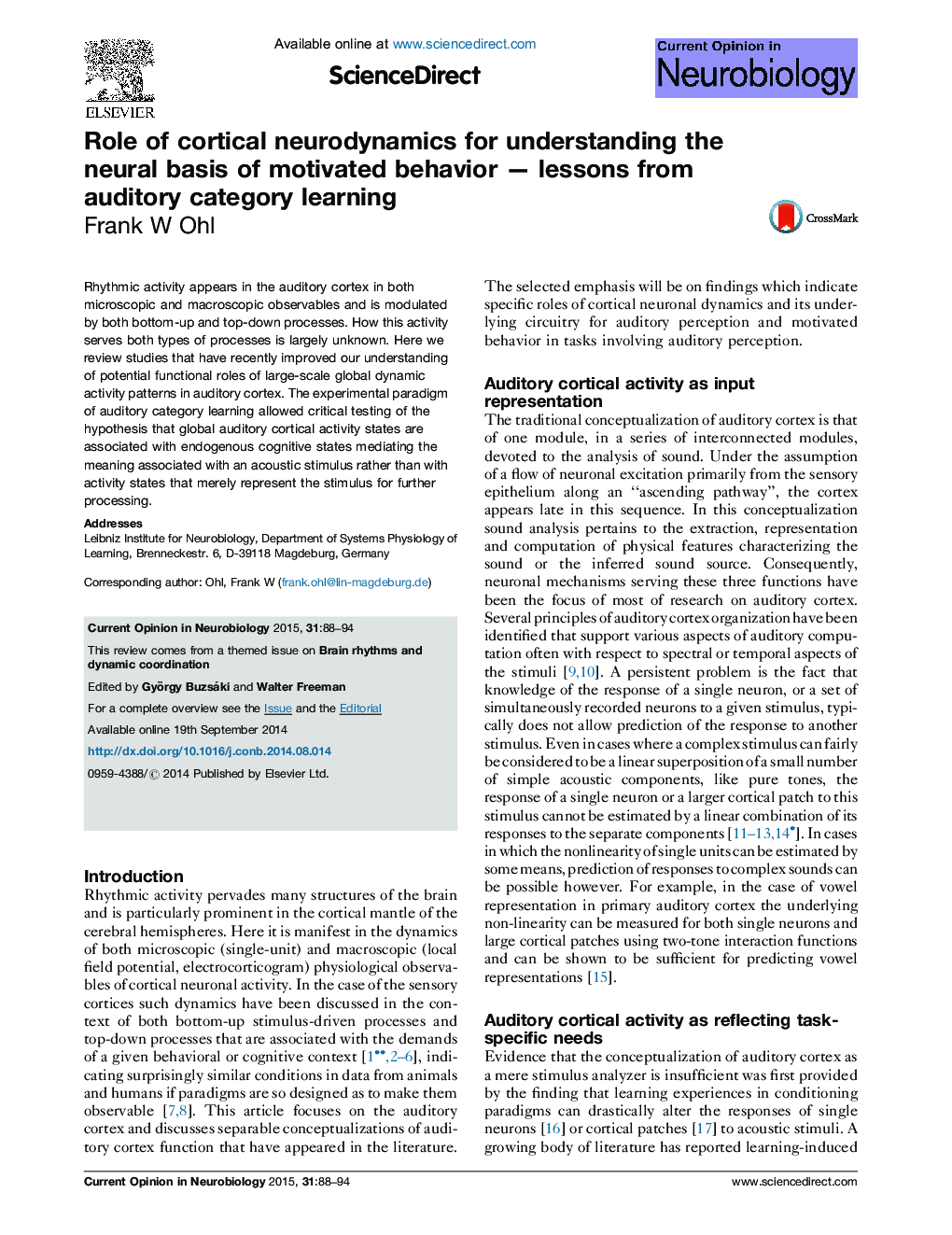 Role of cortical neurodynamics for understanding the neural basis of motivated behavior - lessons from auditory category learning