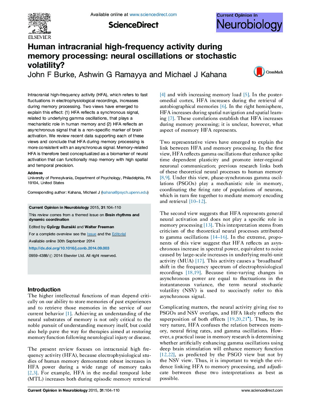 Human intracranial high-frequency activity during memory processing: neural oscillations or stochastic volatility?