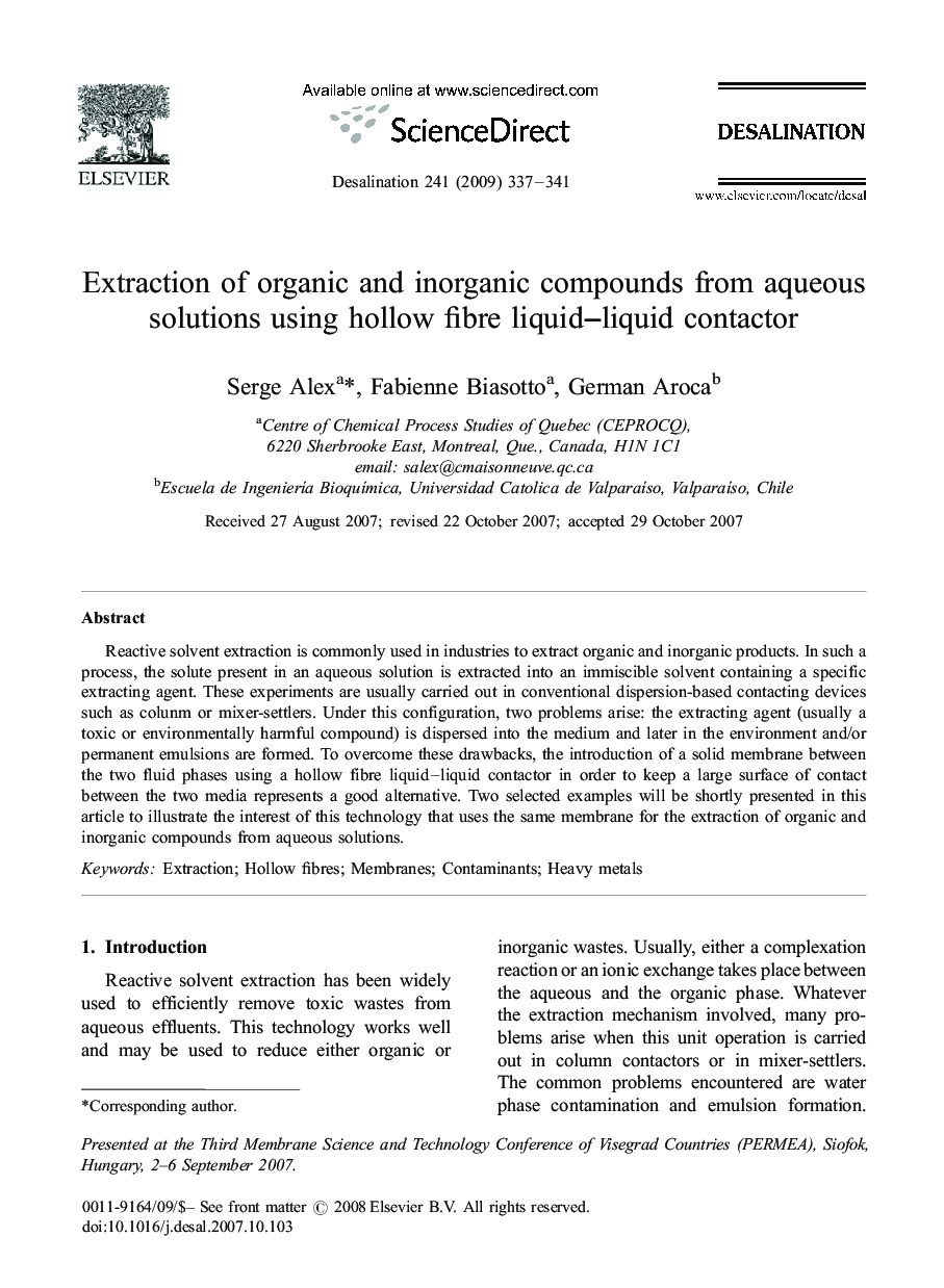 Extraction of organic and inorganic compounds from aqueous solutions using hollow fibre liquidliquid contactor