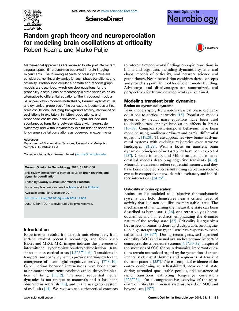 Random graph theory and neuropercolation for modeling brain oscillations at criticality