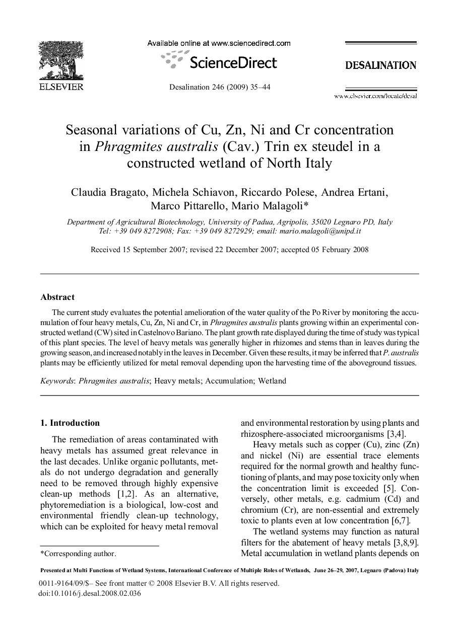 Seasonal variations of Cu, Zn, Ni and Cr concentration in Phragmites australis (Cav.) Trin ex steudel in a constructed wetland of North Italy