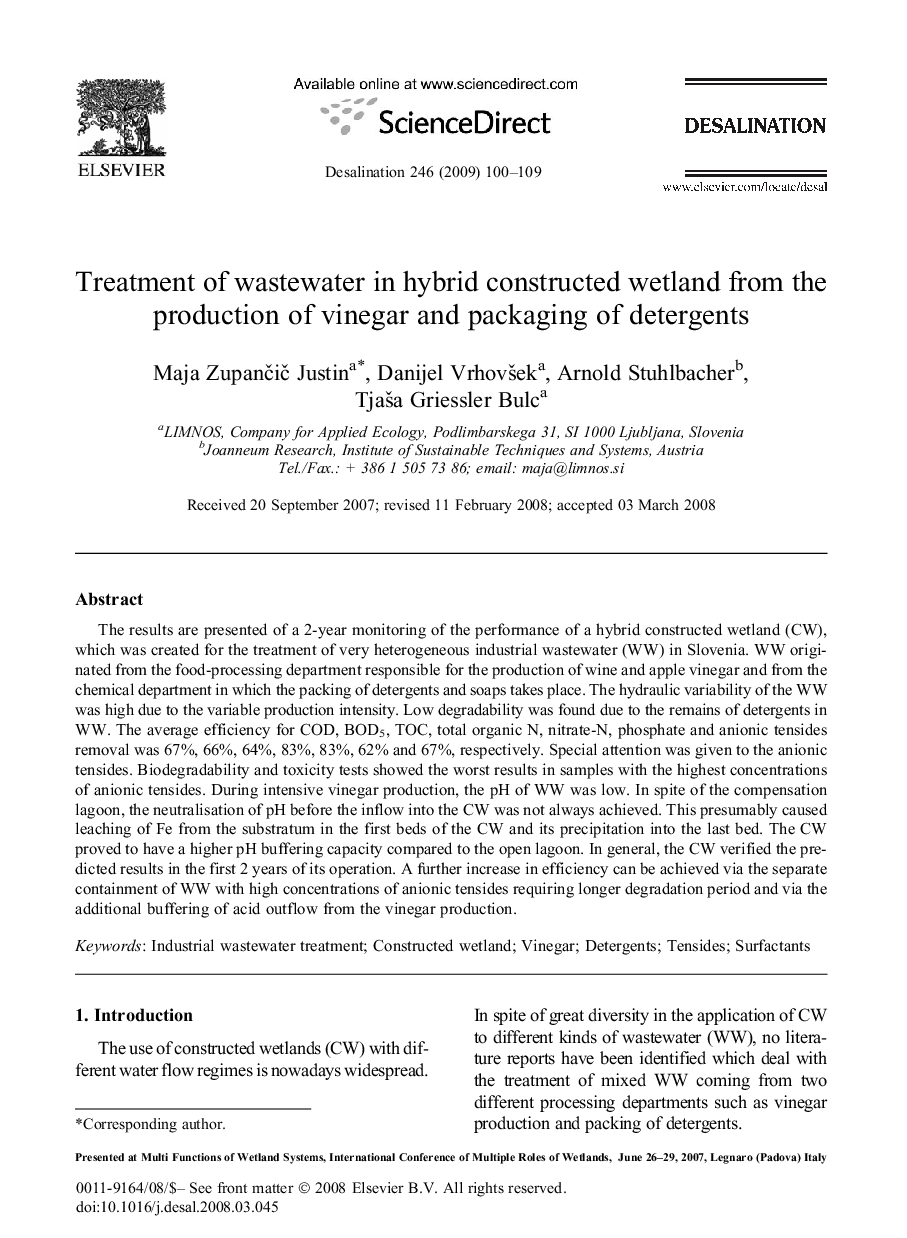 Treatment of wastewater in hybrid constructed wetland from the production of vinegar and packaging of detergents