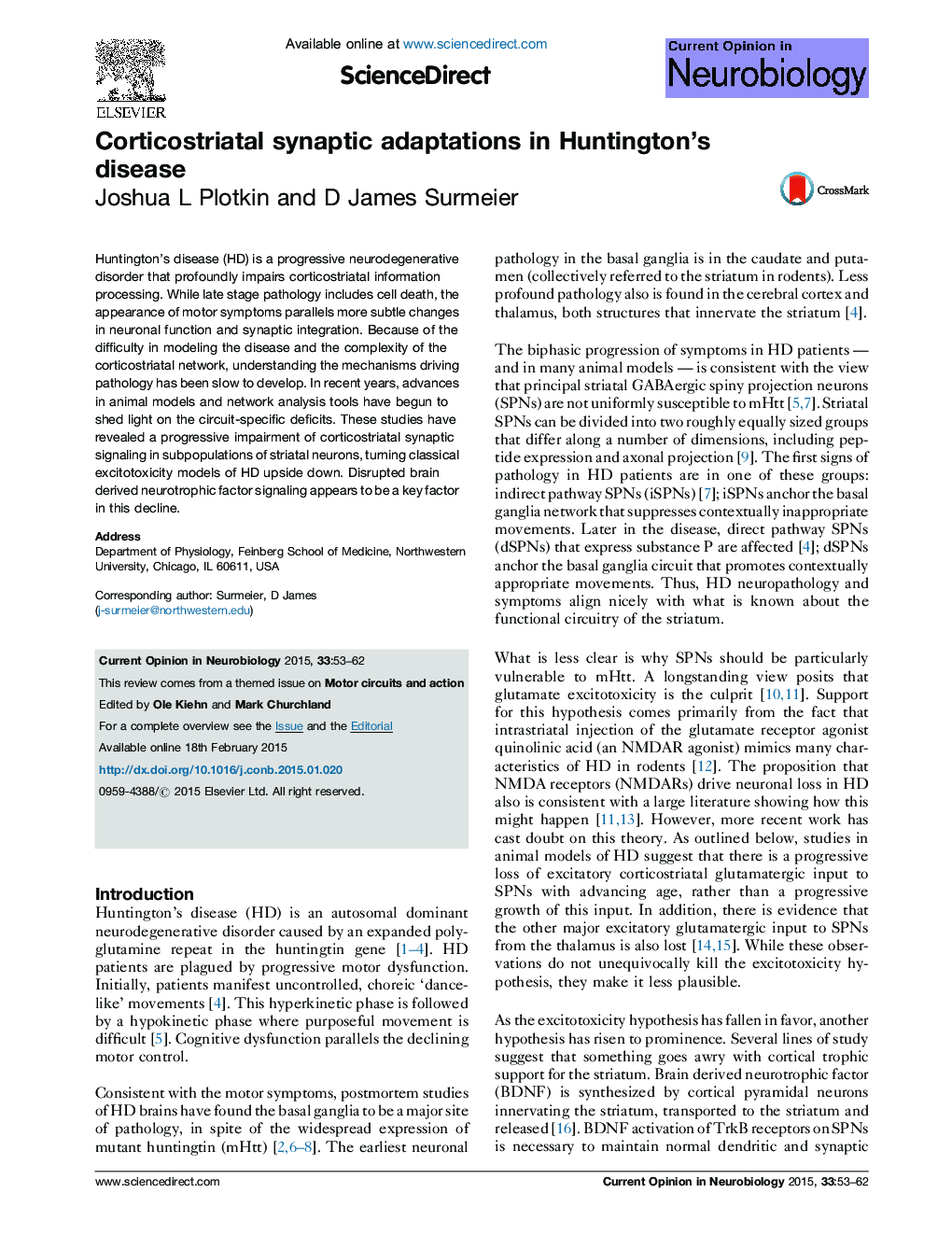 Corticostriatal synaptic adaptations in Huntington's disease