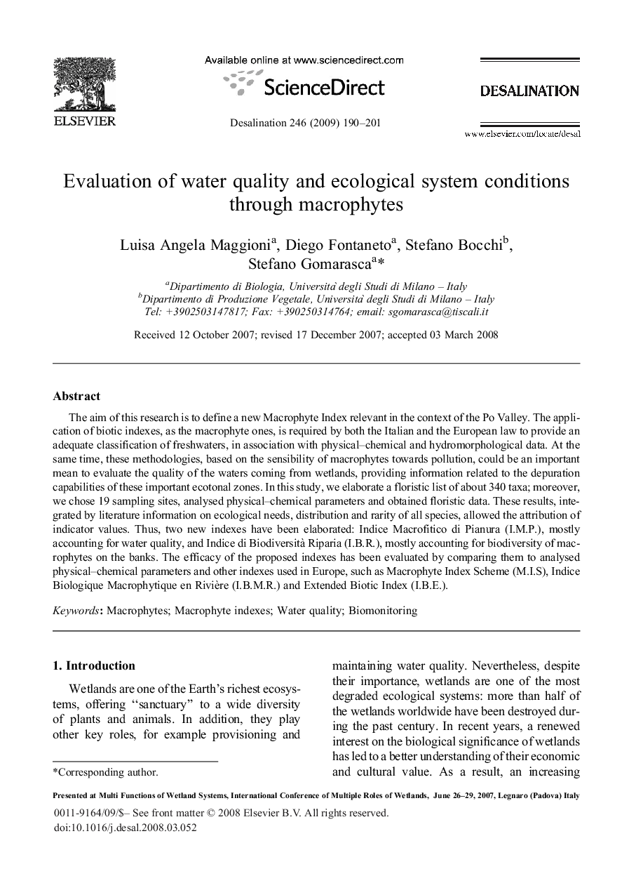 Evaluation of water quality and ecological system conditions through macrophytes