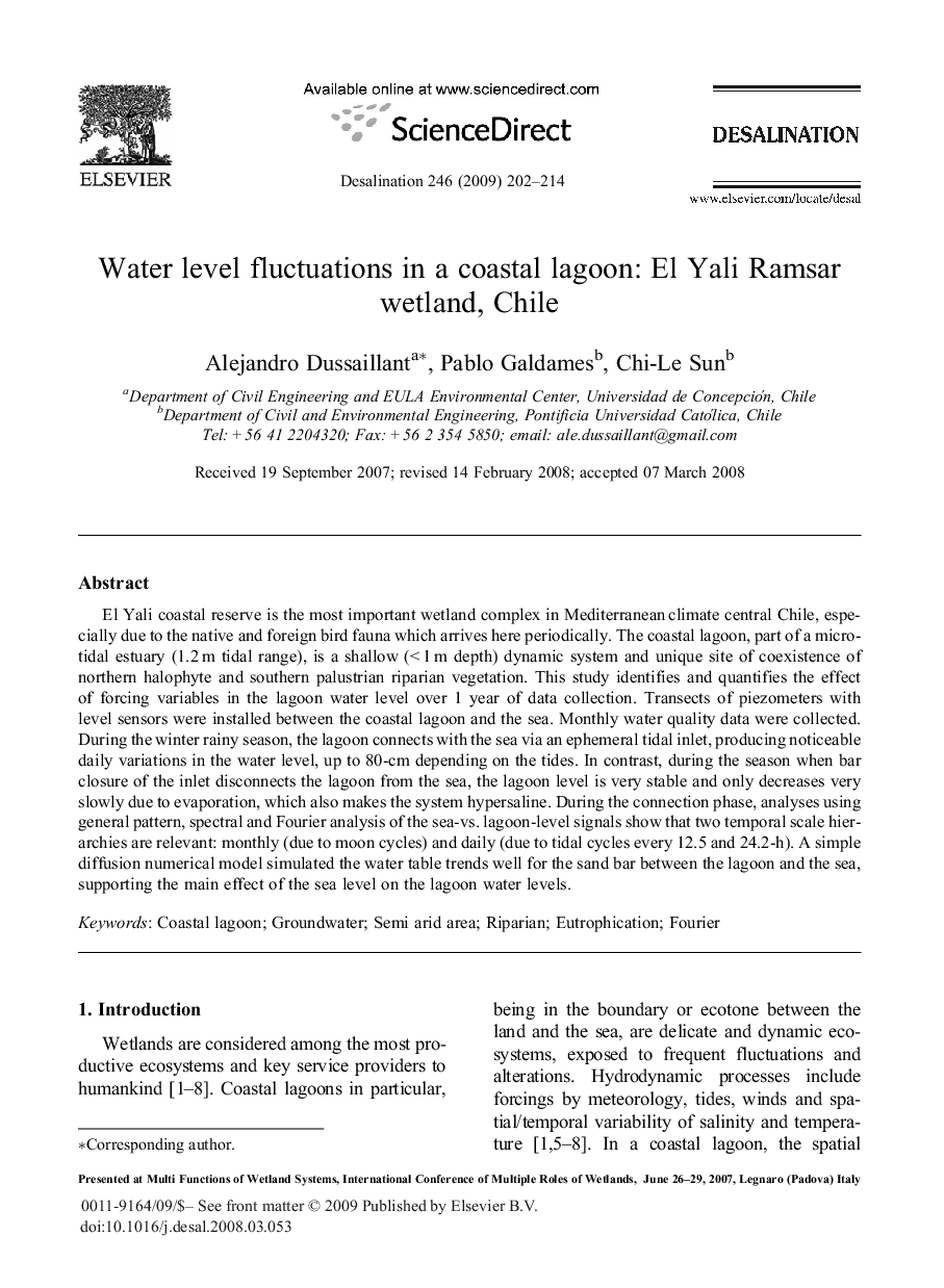 Water level fluctuations in a coastal lagoon: El Yali Ramsar wetland, Chile