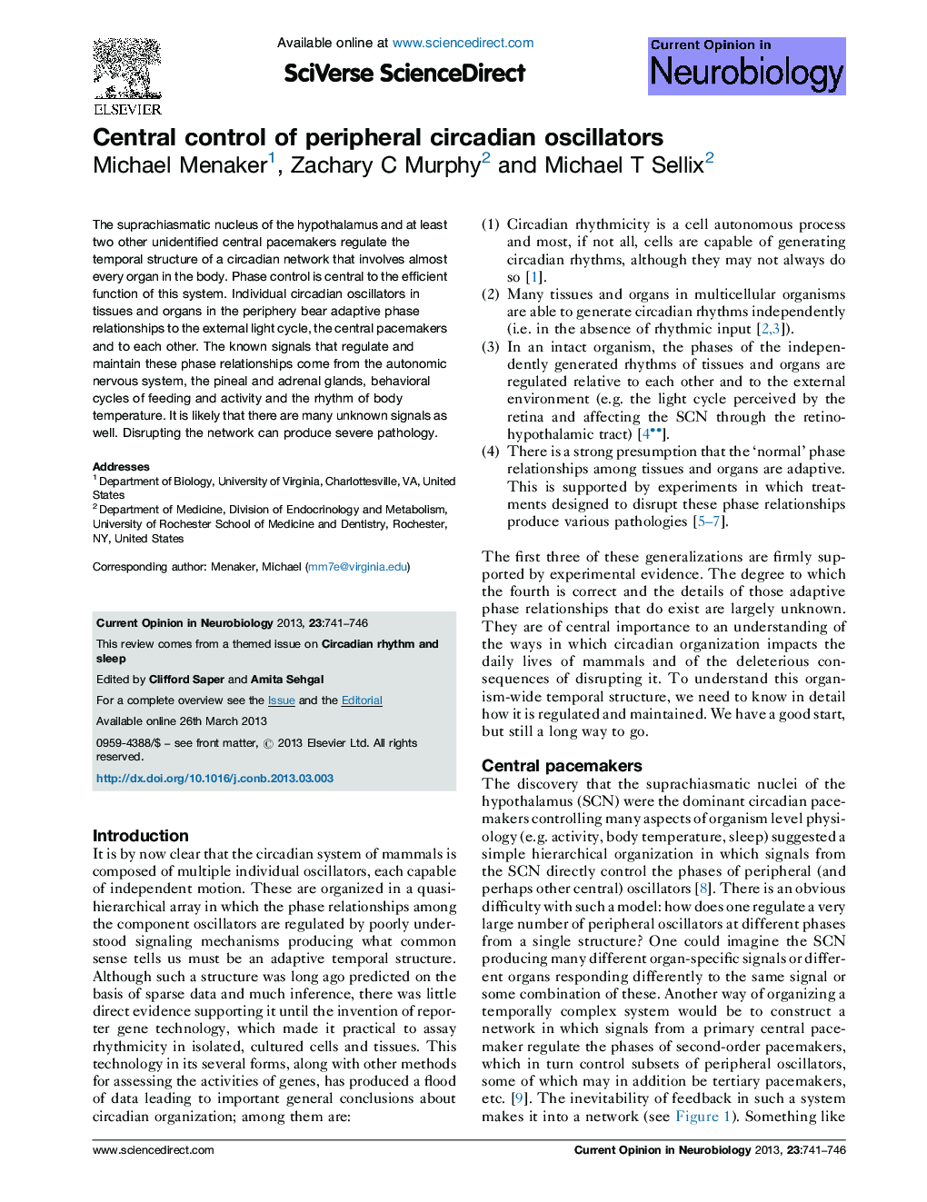 Central control of peripheral circadian oscillators