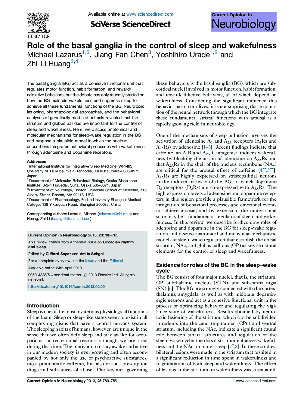 Role of the basal ganglia in the control of sleep and wakefulness