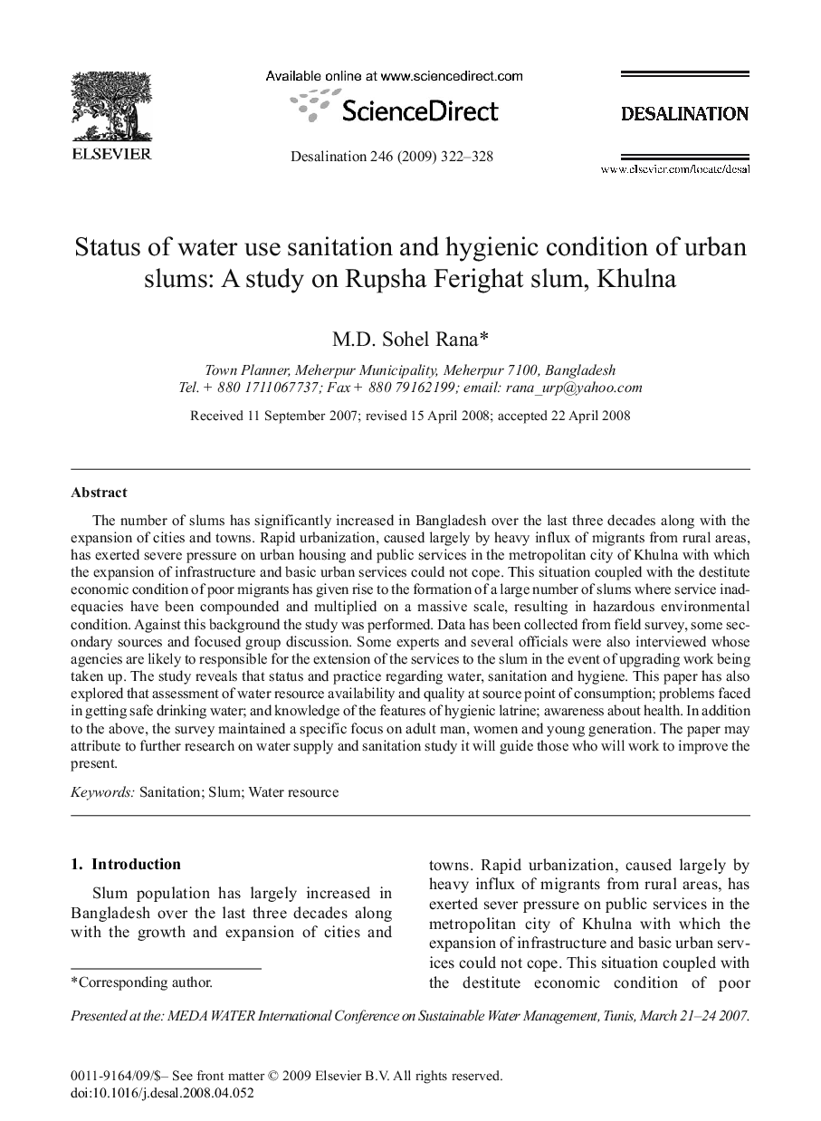 Status of water use sanitation and hygienic condition of urban slums: A study on Rupsha Ferighat slum, Khulna