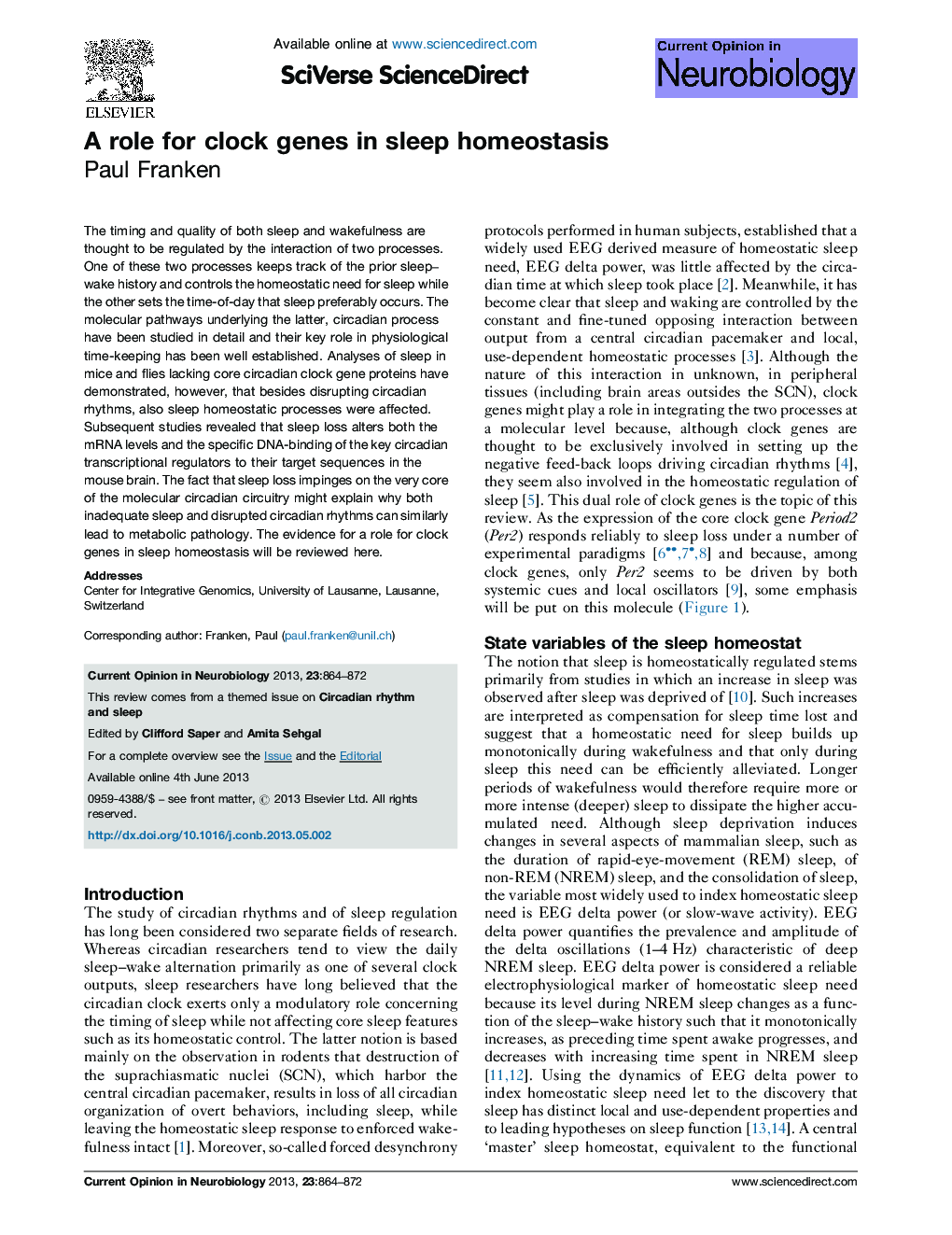 A role for clock genes in sleep homeostasis