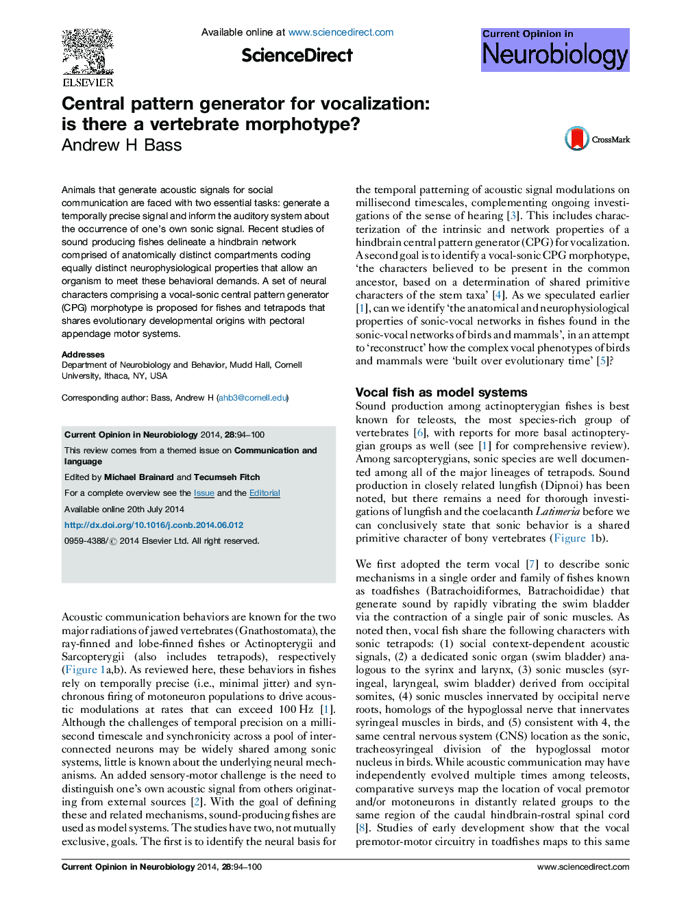 Central pattern generator for vocalization: is there a vertebrate morphotype?