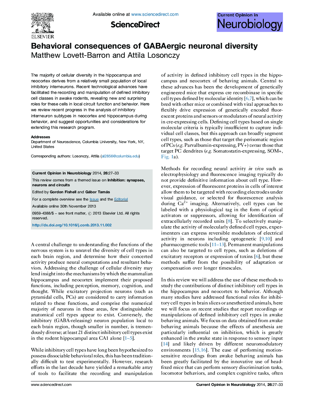 Behavioral consequences of GABAergic neuronal diversity