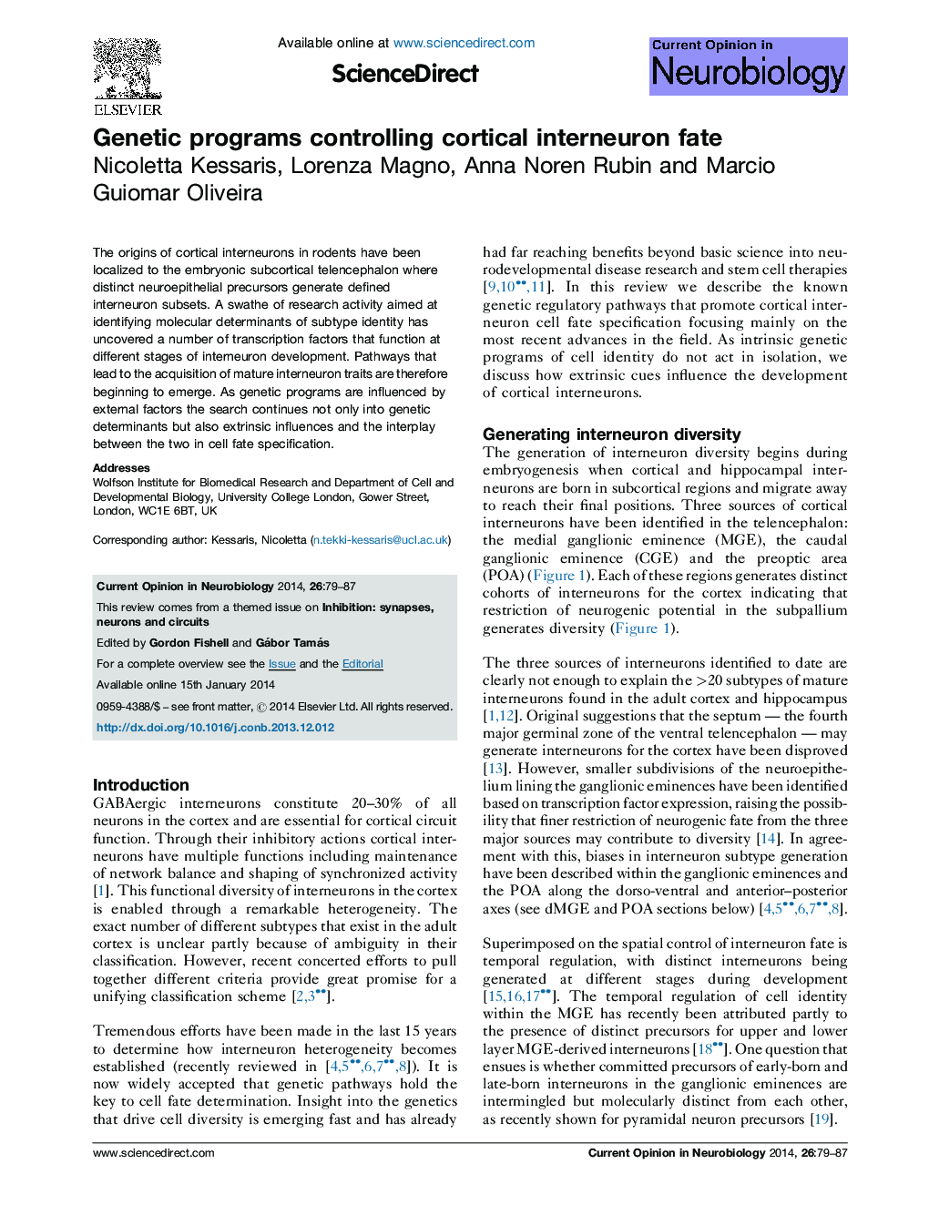 Genetic programs controlling cortical interneuron fate