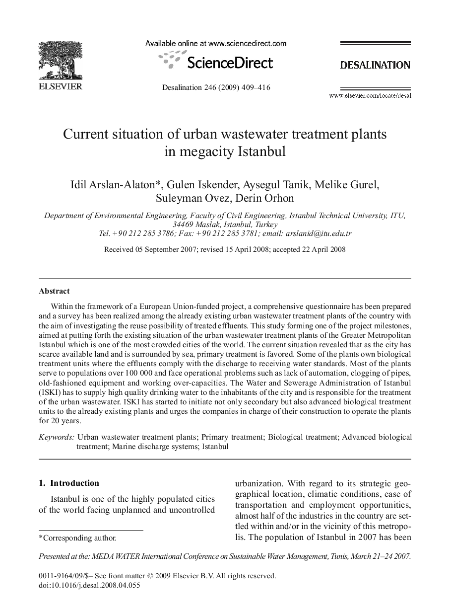 Current situation of urban wastewater treatment plants in megacity Istanbul