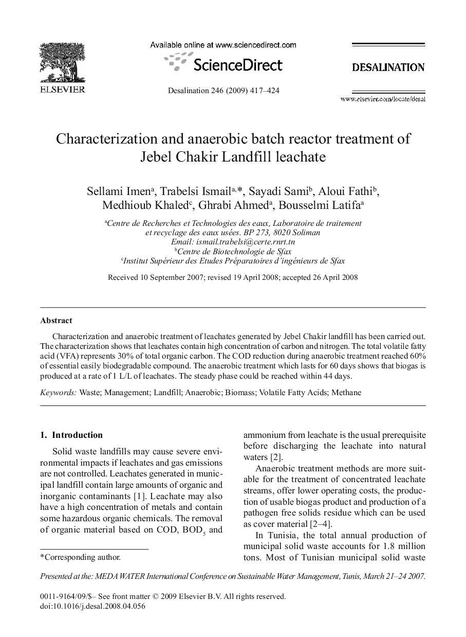 Characterization and anaerobic batch reactor treatment of Jebel Chakir Landfill leachate