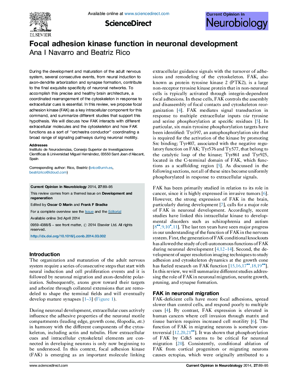 Focal adhesion kinase function in neuronal development