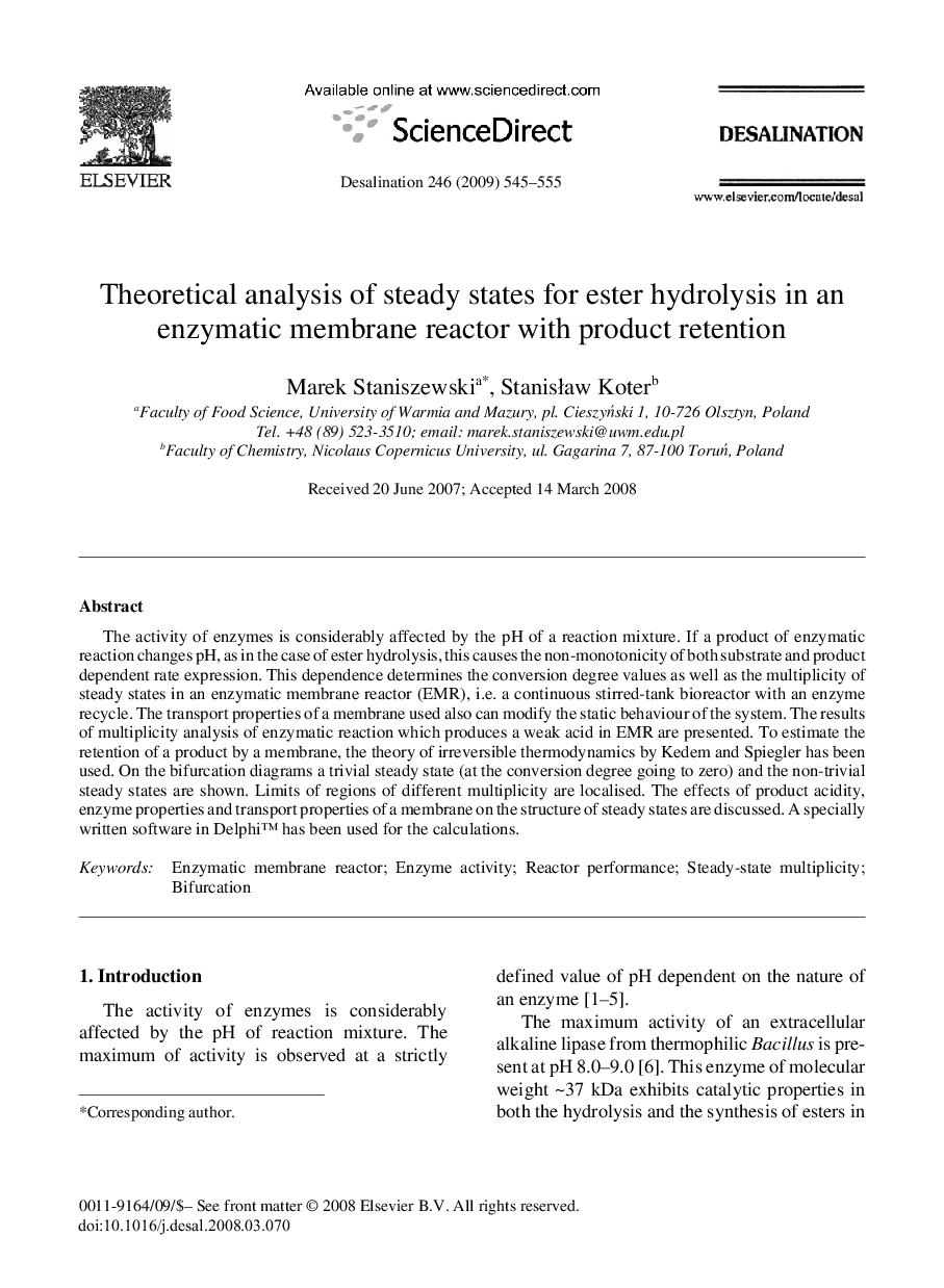 Theoretical analysis of steady states for ester hydrolysis in an enzymatic membrane reactor with product retention