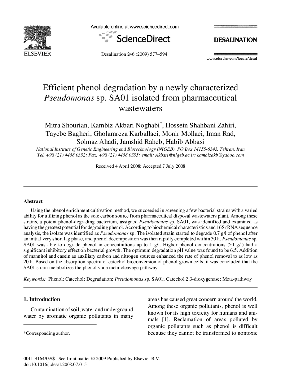 Efficient phenol degradation by a newly characterized Pseudomonas sp. SA01 isolated from pharmaceutical wastewaters