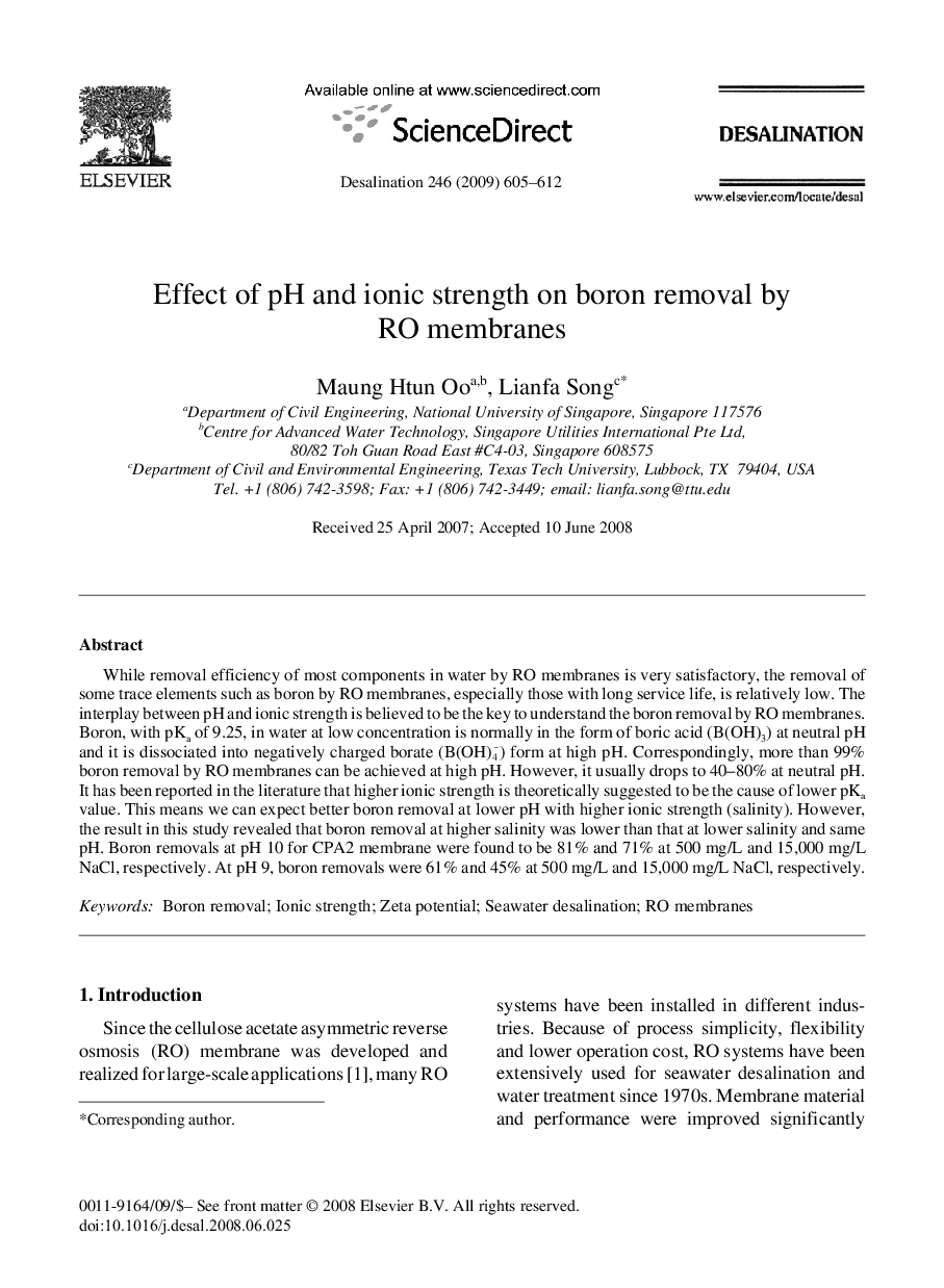 Effect of pH and ionic strength on boron removal by RO membranes