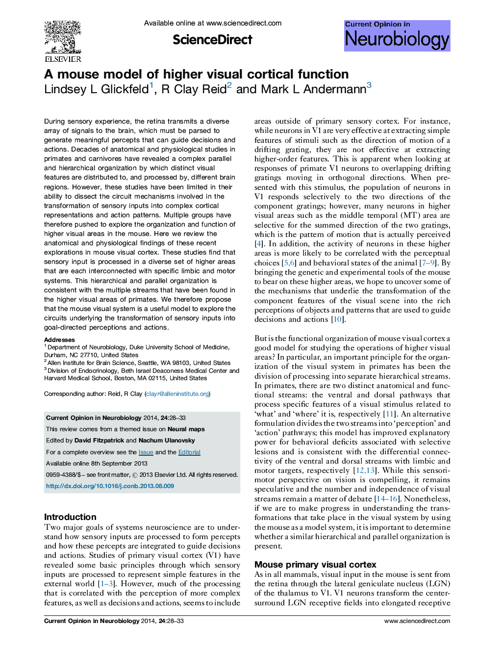 A mouse model of higher visual cortical function