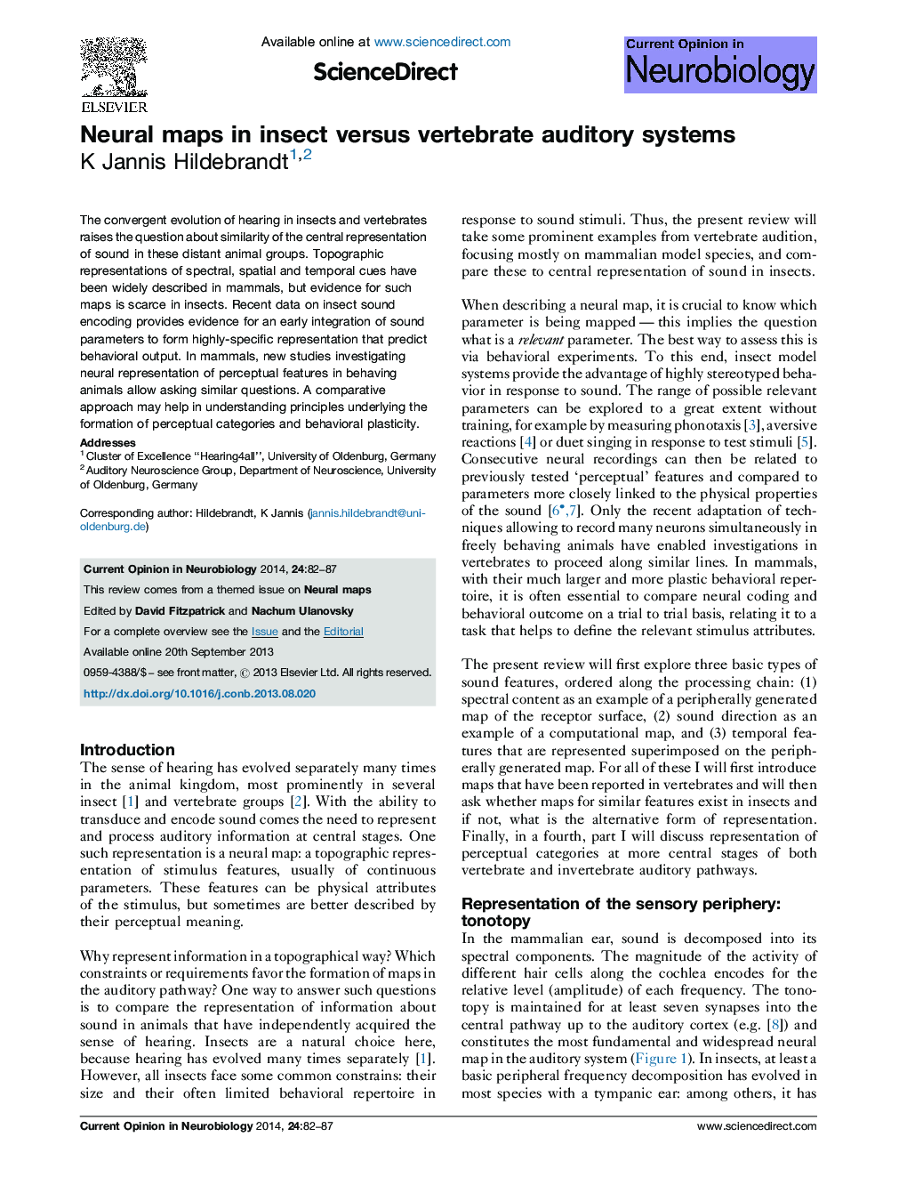 Neural maps in insect versus vertebrate auditory systems