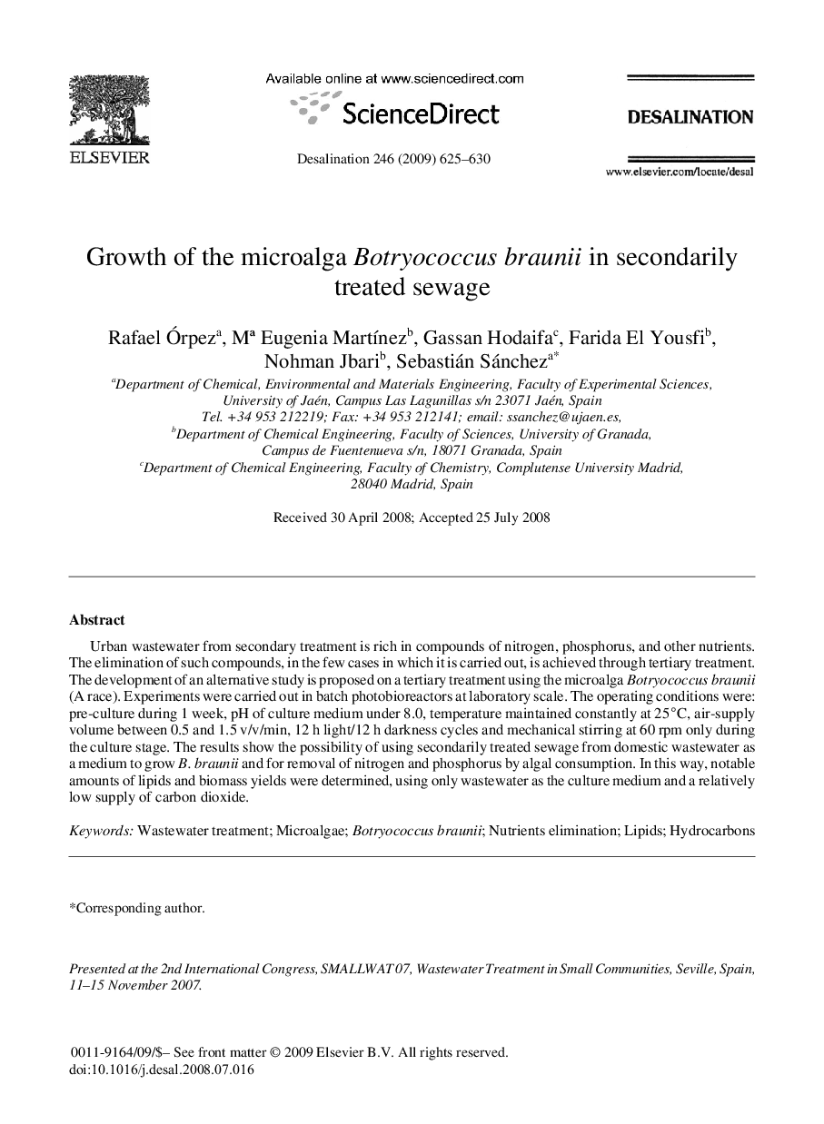 Growth of the microalga Botryococcus braunii in secondarily treated sewage