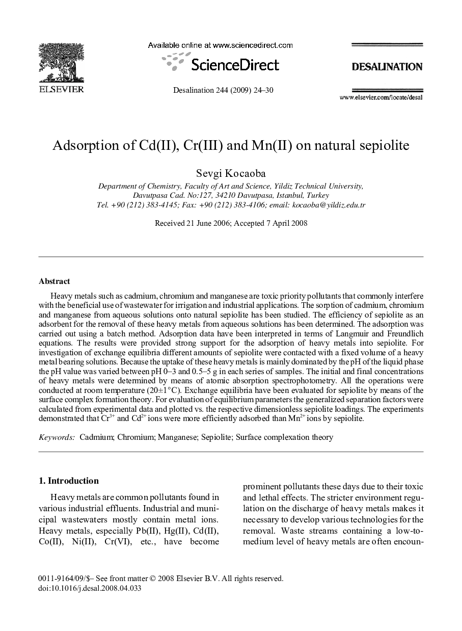 Adsorption of Cd(II), Cr(III) and Mn(II) on natural sepiolite