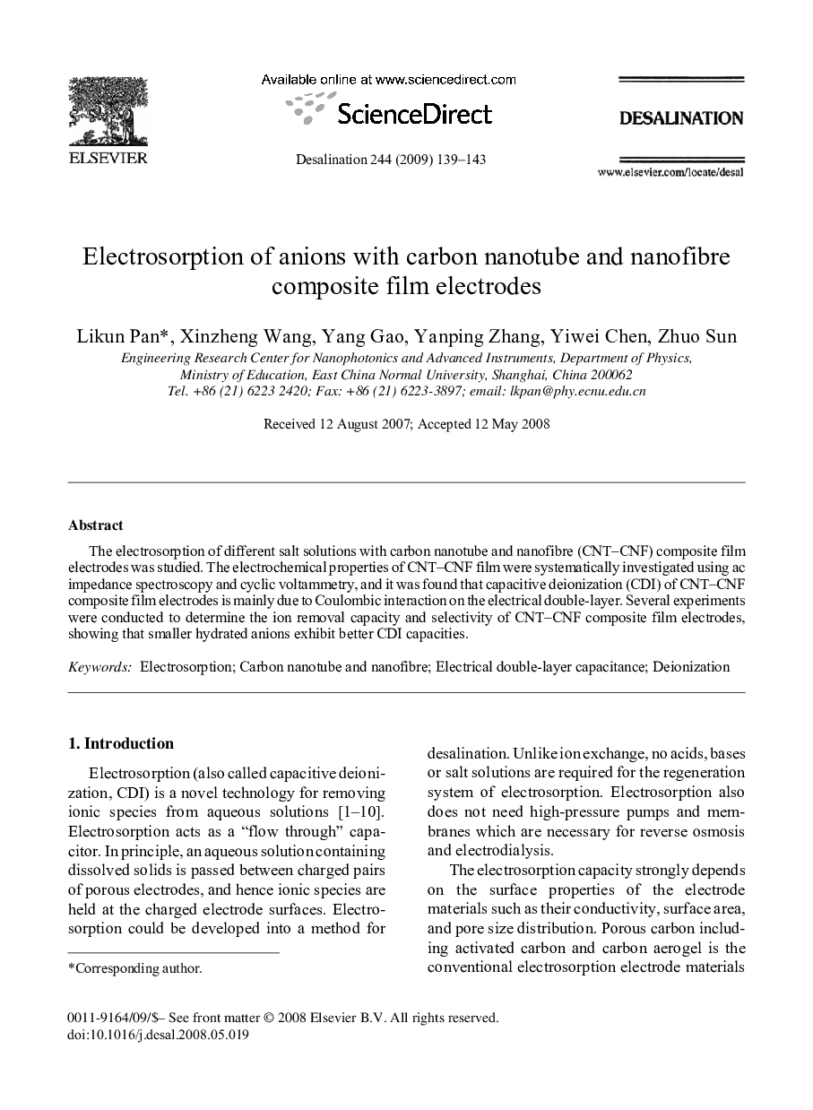 Electrosorption of anions with carbon nanotube and nanofibre composite film electrodes