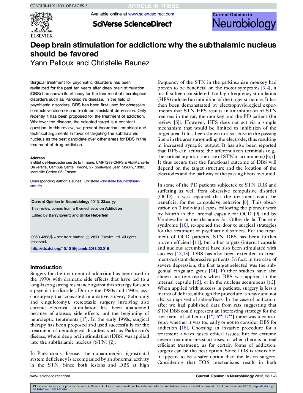 Deep brain stimulation for addiction: why the subthalamic nucleus should be favored